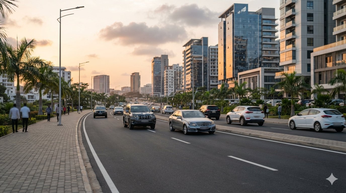 Modern business district road in Accra at golden hour (AI-generated illustration)