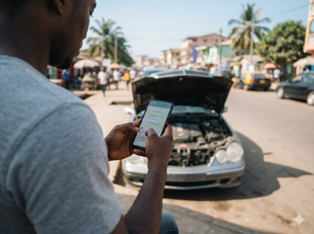 Driver checking a phone beside a car with the bonnet open (AI-generated illustration)