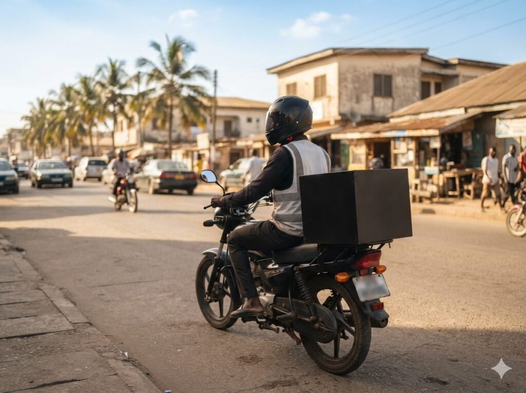 Delivery rider on a motorbike in Accra (AI-generated illustration)