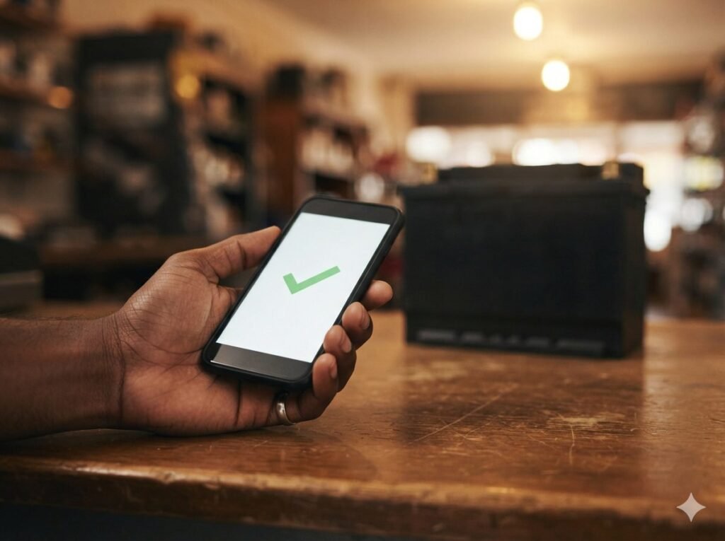 Mobile payment confirmed on a phone at a shop counter (AI-generated illustration)