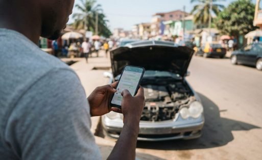 Driver checking a phone beside a car with the bonnet open (AI-generated illustration)